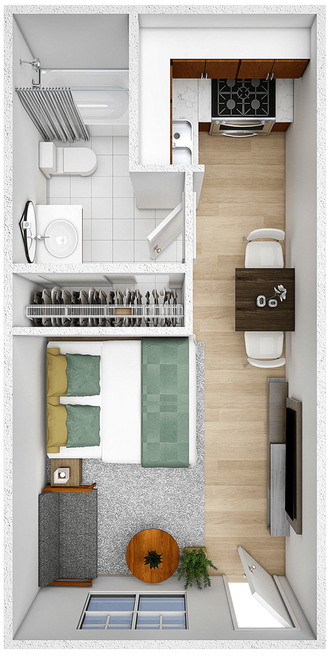 an overhead view of a small apartment with a bathroom and a kitchen